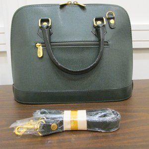 LE SABBI GREEN GENUINE LEATHER ZIP TOP BOWLER SATCHEL HANDBAG